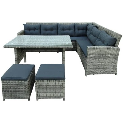 6pc Wicker Patio Set With Glass Table Ottomans - Gray/Dark Gray - GODEER - Image 11