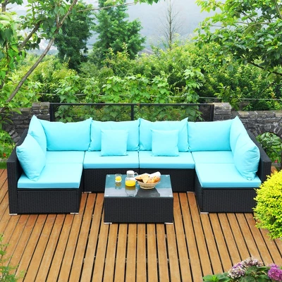 Costway 7PCS Patio Rattan Sofa Set Sectional Conversation Furniture Set Garden Beige NavyRedNavy Blue - Image 10