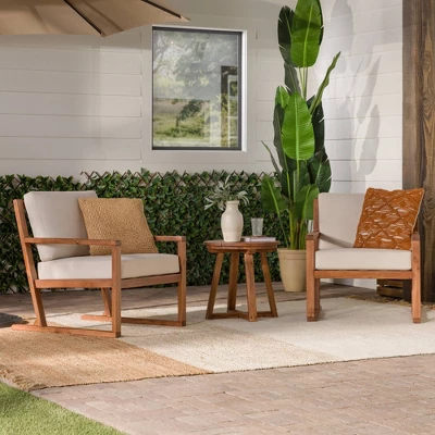 Saracina Home 3pc Modern Slat-Back Acacia Outdoor Conversation Set With Cushions