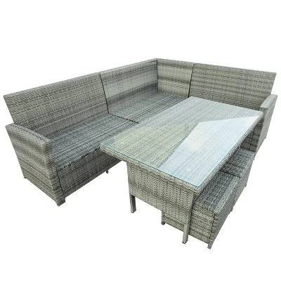6pc Wicker Patio Set With Glass Table Ottomans - Gray/Dark Gray - GODEER - Image 17